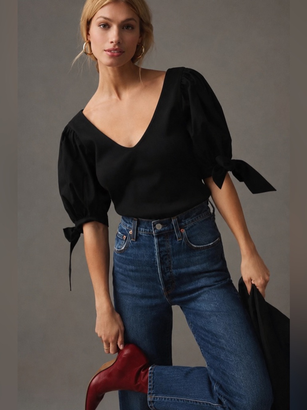 Maeve Anthropologie Puff Sleeve Top Black Adjustable Ties XL V Neck  Ribbed
